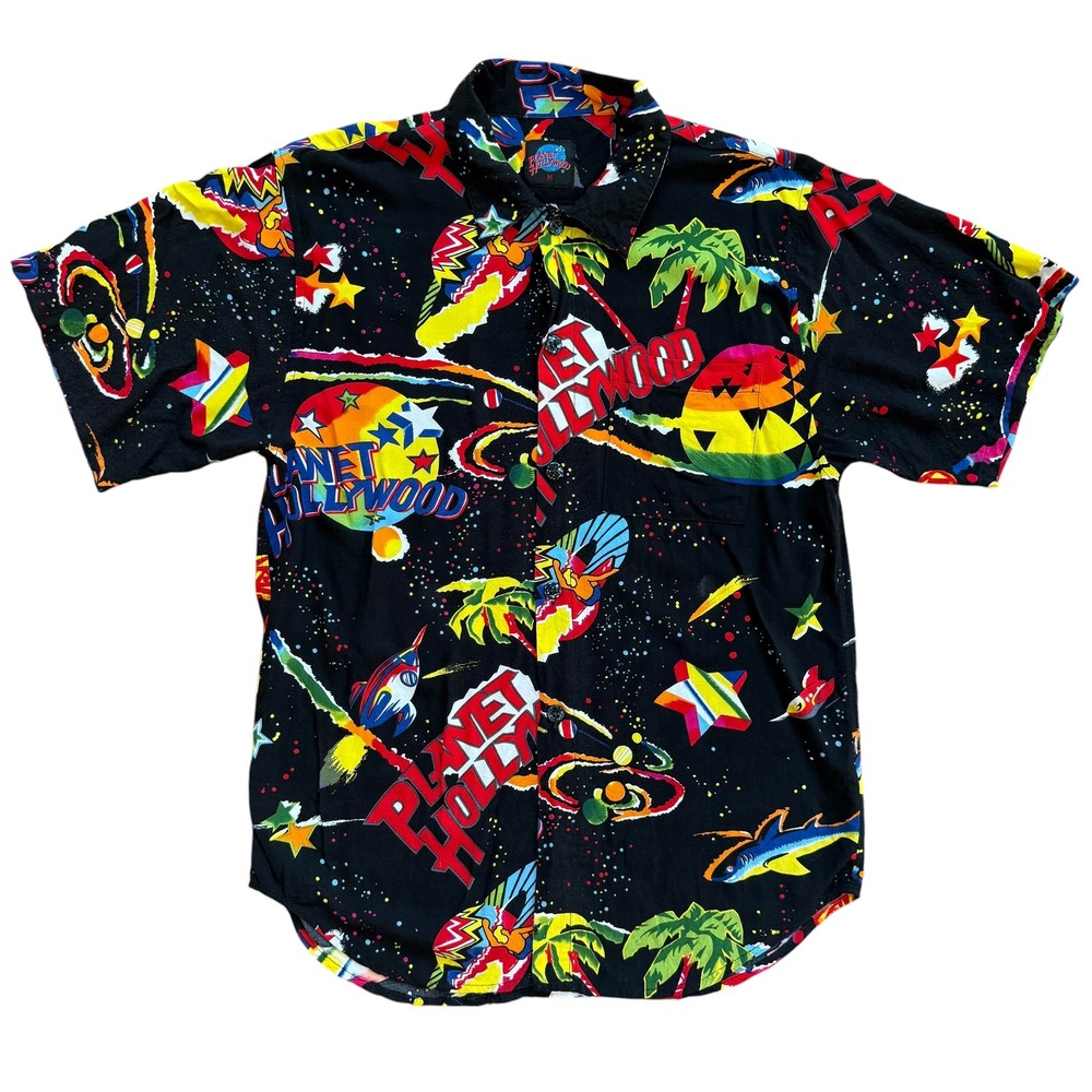 Vintage Planet Hollywood Space Tropical Rayon Button Down Shirt Mens M Black
